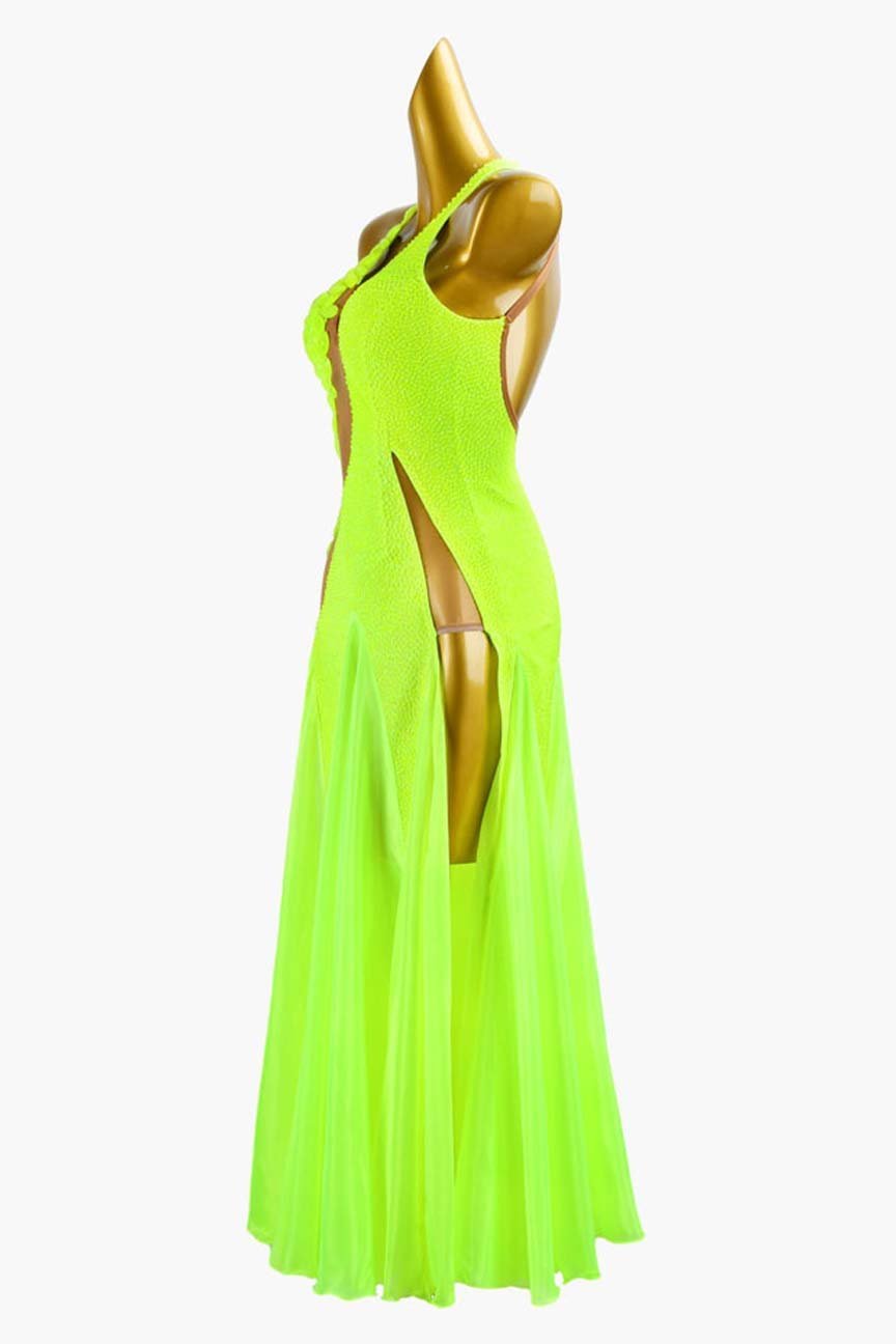 Chartreuse Backless Ballroom Dress with Pearl Chiffon Underskirts, Crystals, and Rhinestone Embellishments image 2
