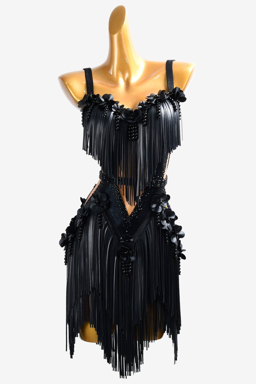 Bailebelle Fashion Black Latin dress with appliqués, rhinestones, PU leather fringes & beadings image 0