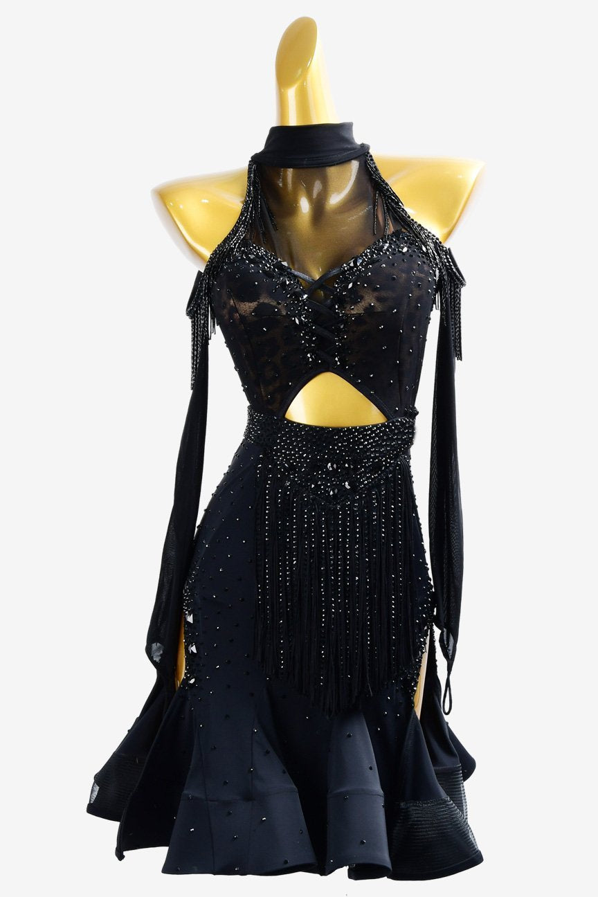 Black Latin dress with fringe,crystal AB and beaded fringe image 0