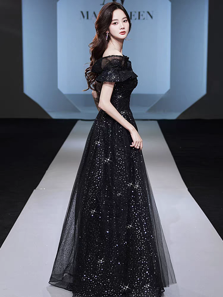 Bailebelle Fashion Luxury Eevning Dresses Boat Neck Sequins Light Champagne Off the Shoulder Mermaid Chapel Train Sleeveless Celebrity Gowns, Gray | Silver, Black image 7