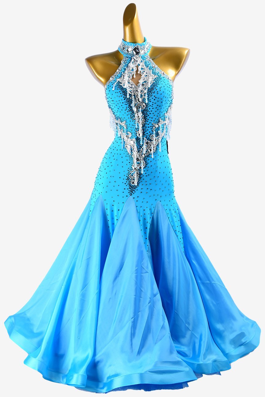 Deep skyblue Standard dress with pearl chiffon underskirts, lace appliqués, white crystals & beadings image 0