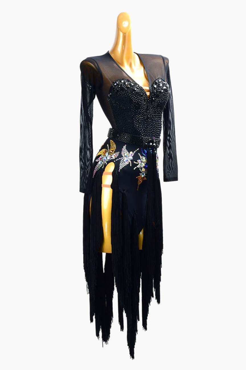 Elegant Black Fringe Bodysuit Dress with Crystal Embroidery image 2