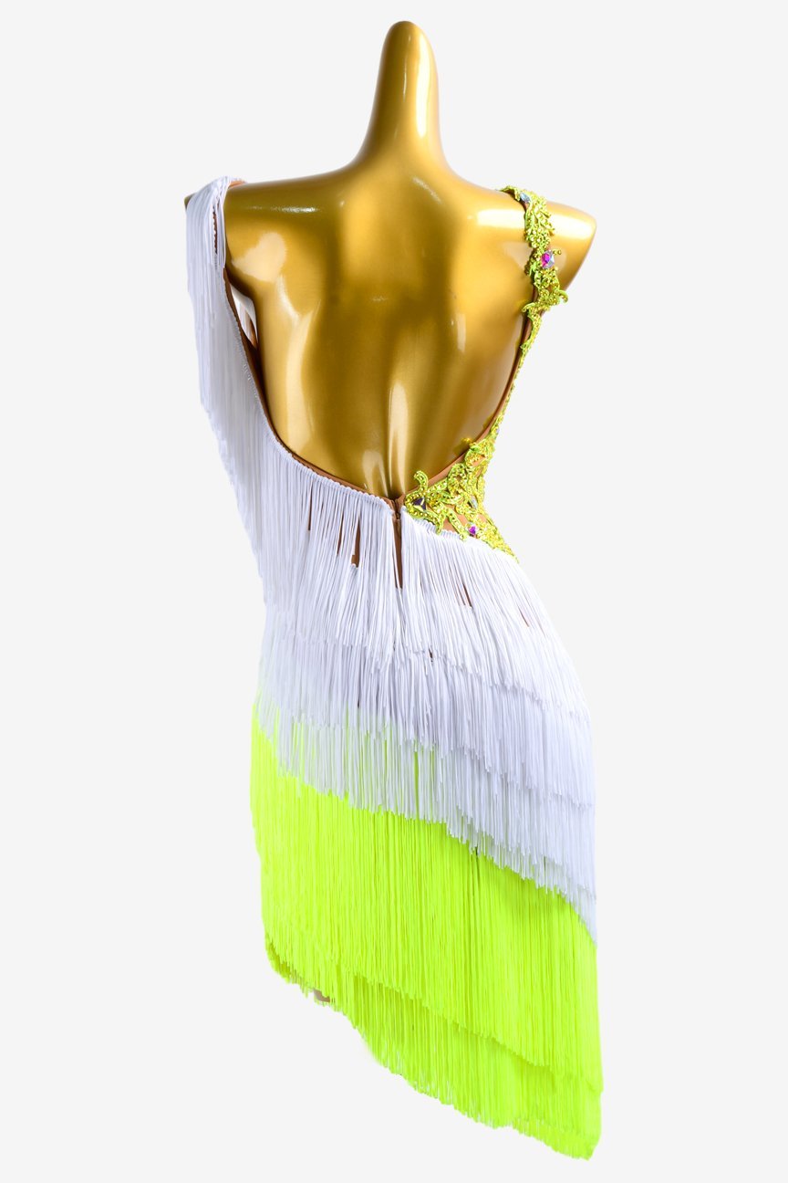 White and yellow Latin dress with fringes, lace appliqués and rhinestone AB image 0