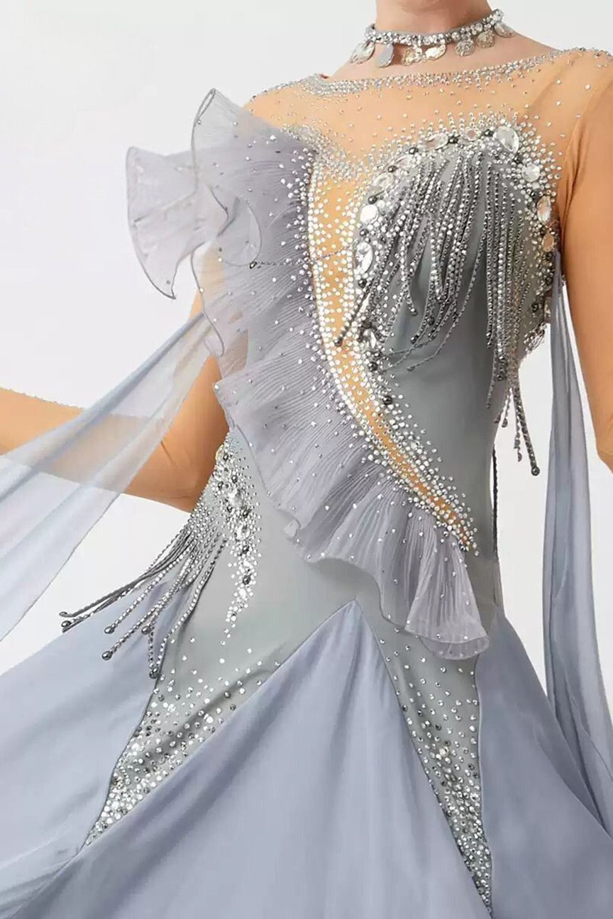 Bailebelle Fashion new national standard modern dance performance costumes high-end ballroom dance waltz skirt Silver image 2