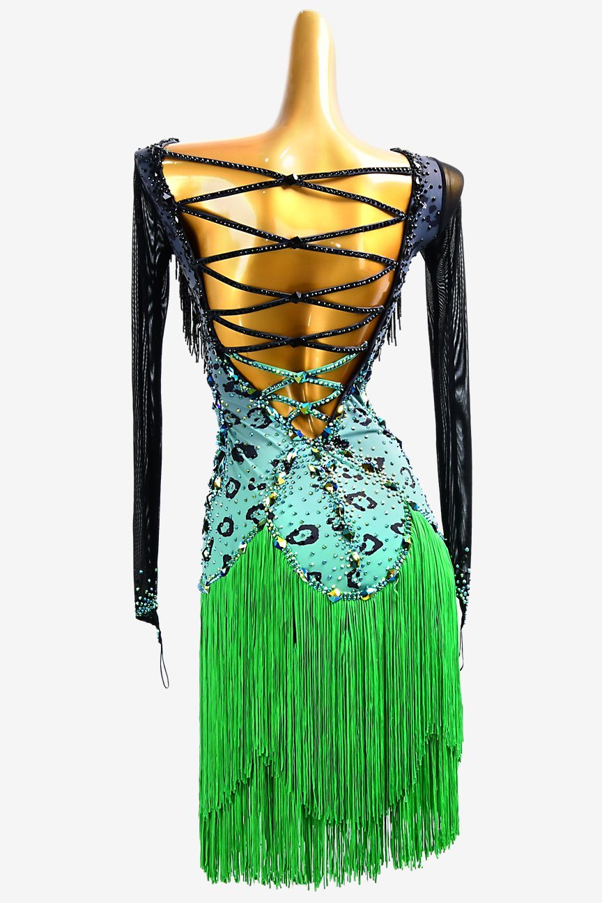 Black shaded mediumaqumaarine Leopard Latin dress with black beaded fringe, AB stones and green fringes image 0