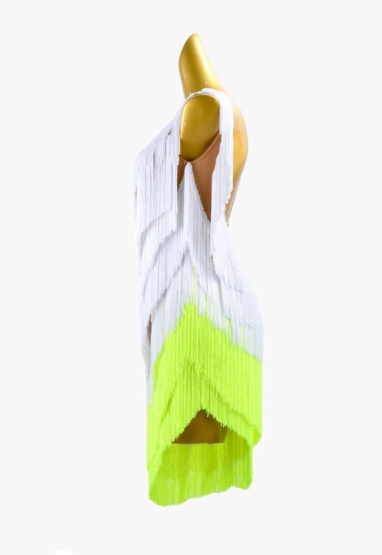 White and yellow Latin dress with fringes, lace appliqués and rhinestone AB image 3