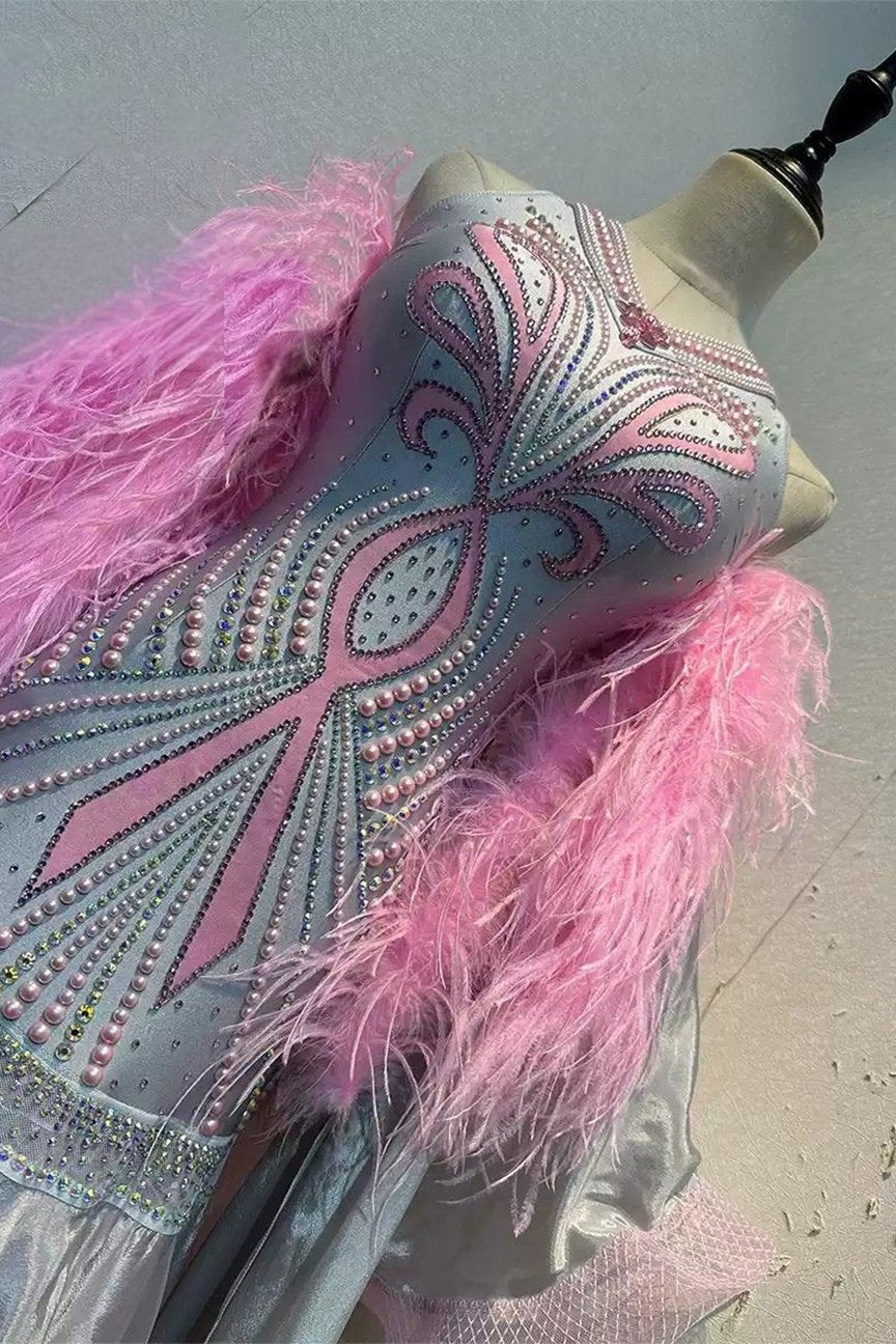 Bailebelle Fashion Yunwu tailor-made new national standard modern dance performance competition costumes British imported fabric flower dress dance skirt Pink, Silver image 4