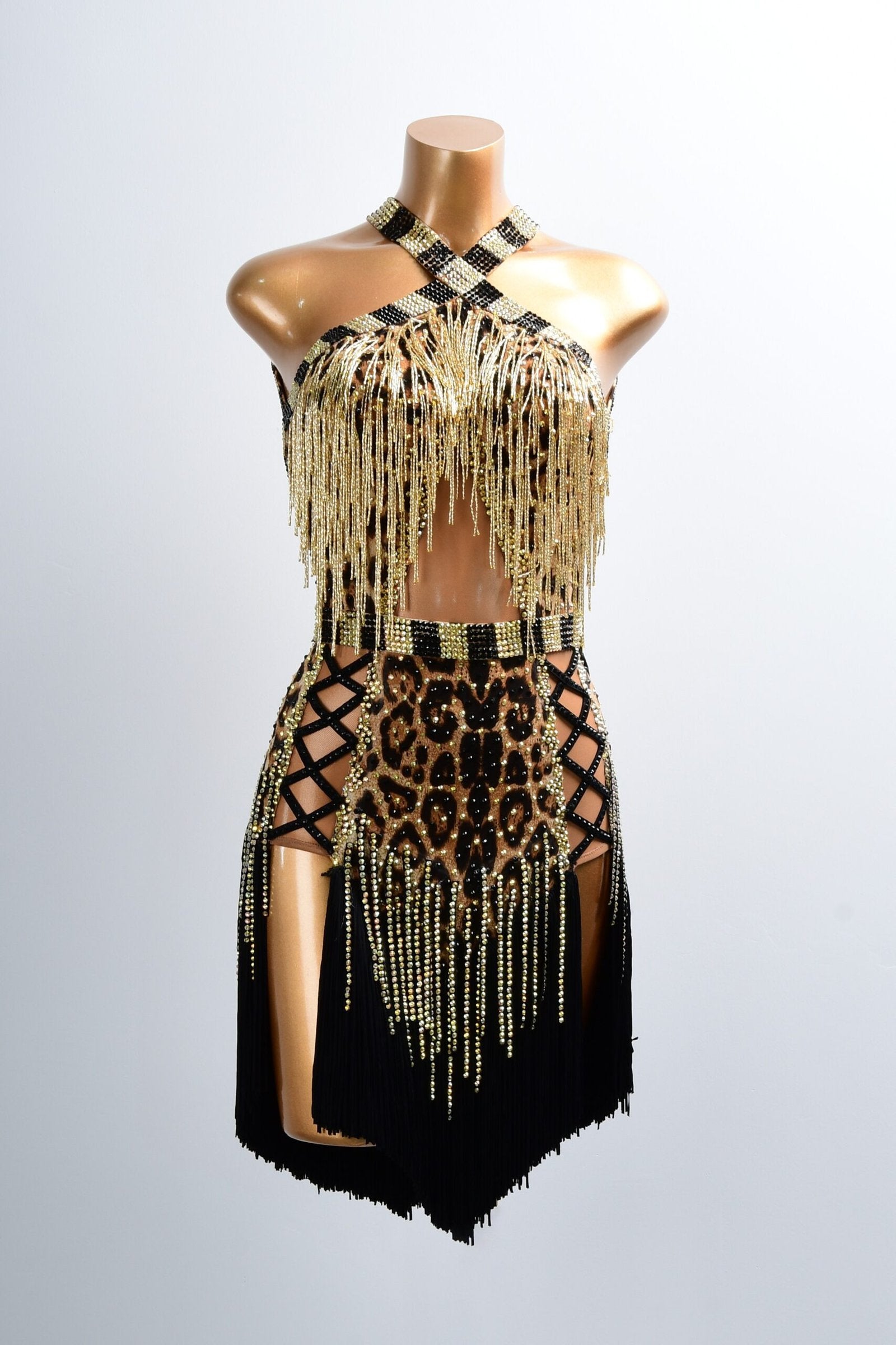 Leopard Print & Gold Beaded Fringe Latin Dress image 0