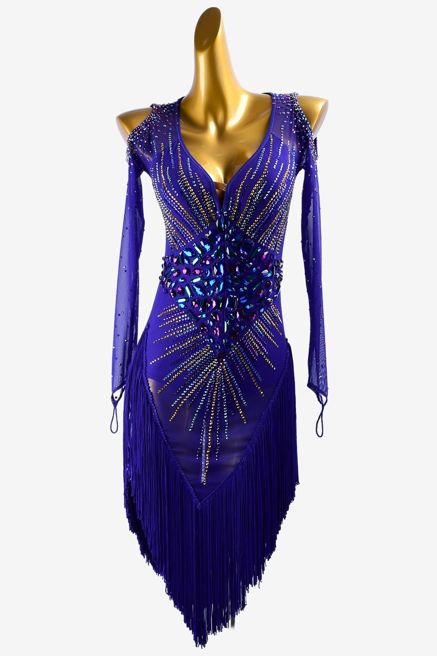Violet orchid mesh long sleeves and off-shoulder Latin dress with fringes, AB sew-on stone & crystals image 0