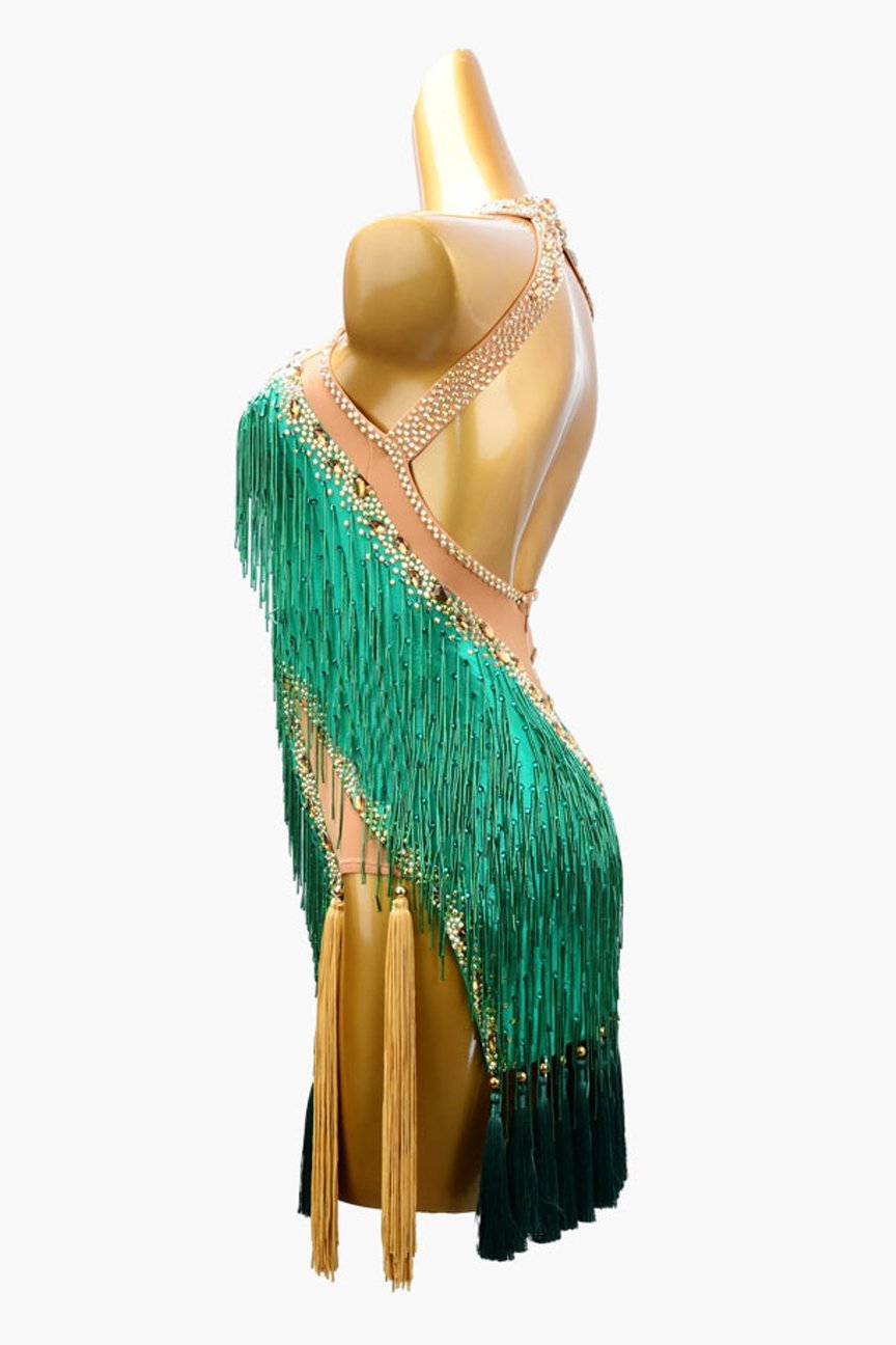 Sea green Latin dress with beaded fringe,crystal AB and tassels image 2