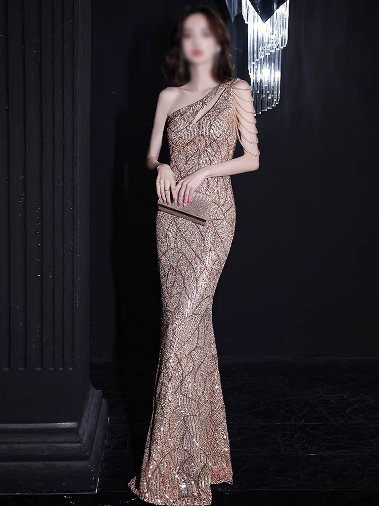 Bailebelle Fashion One shoulder fishtail evening dress for women, Sequined fishtail evening dress for women | 2025 new banquet temperament long tassel dress Gold, Black image 0