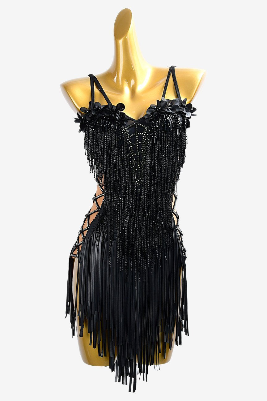 Black matt lycra Latin dress with leather fringes, rhinestones, beaded fringes & flower appliques image 0