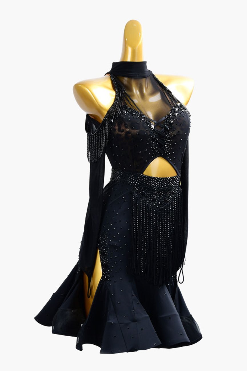Black Latin dress with fringe,crystal AB and beaded fringe image 1