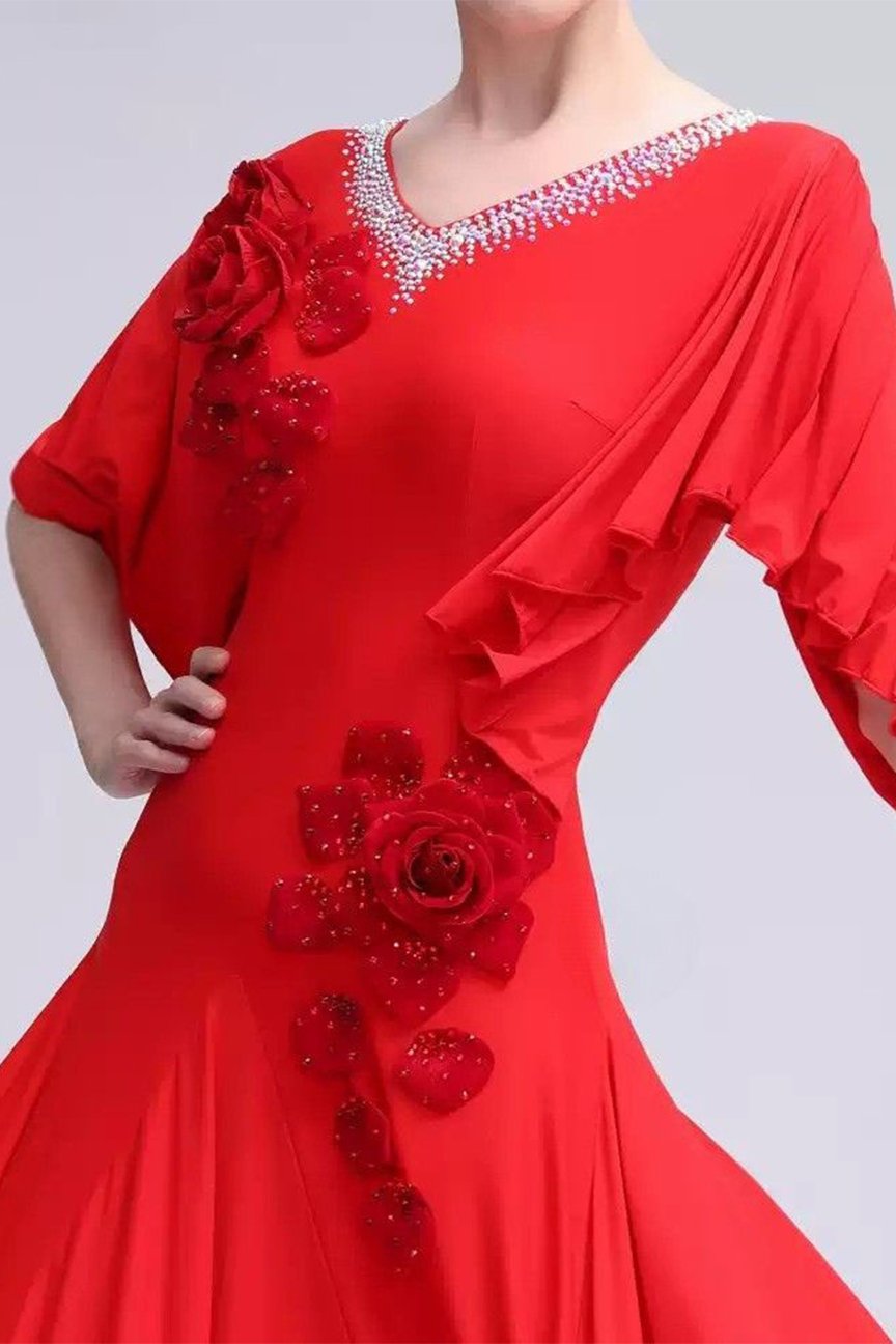 Bailebelle Fashion professional national standard modern dance one-piece practice dress with appliques and diamonds, large swing skirt customization Red image 2