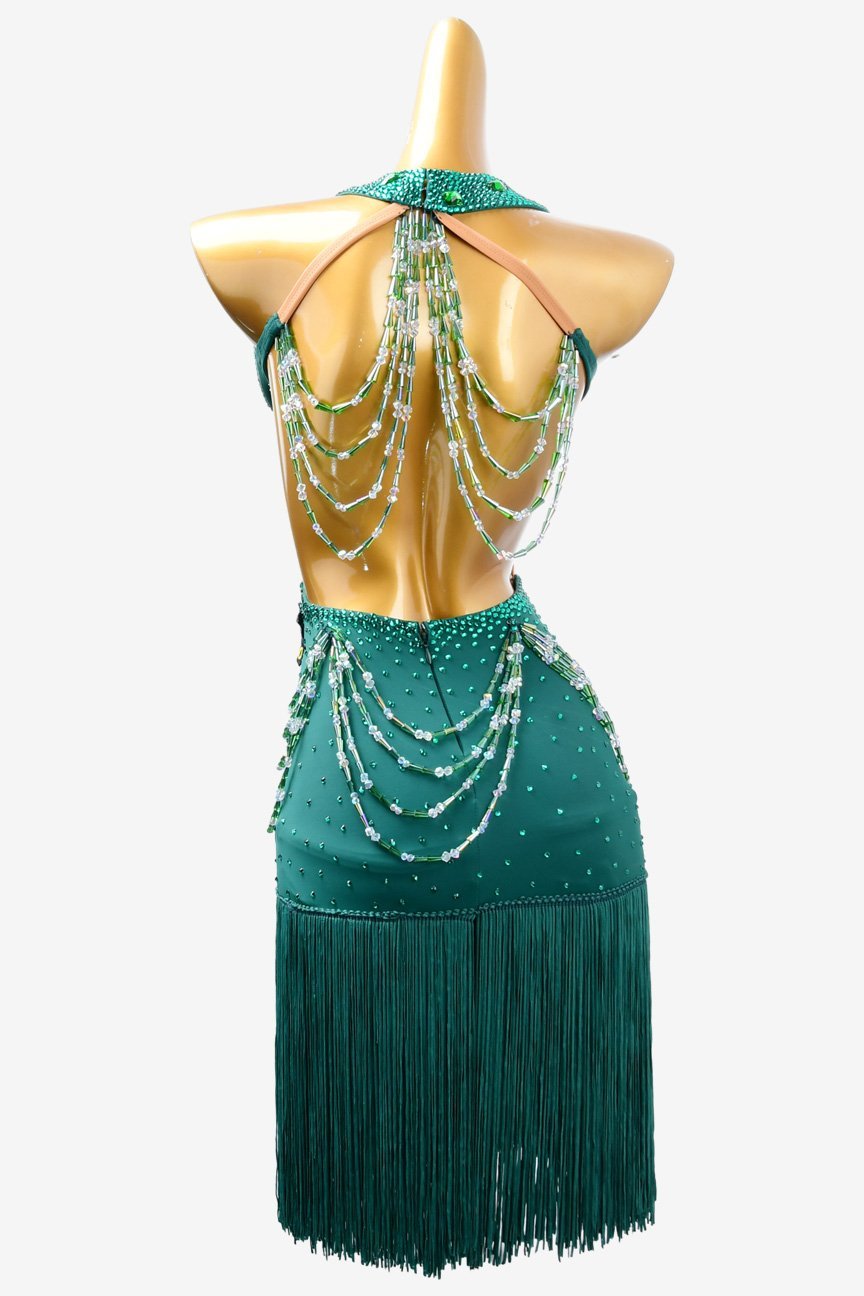 Sea green lycra rhythm dress with rhinestone applique, beadings,crystal AB & fringes image 3