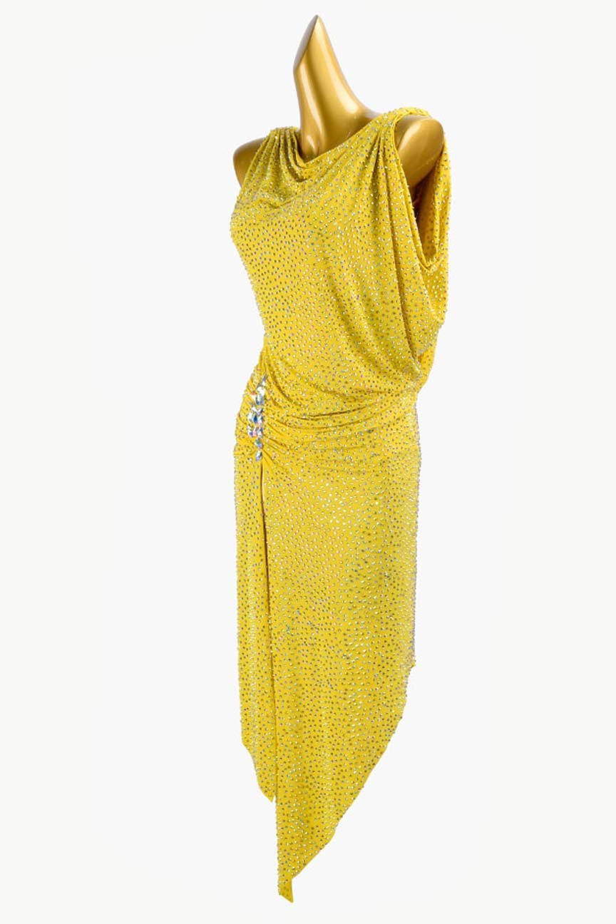 Gold Yellow Lustre Lycra Latin Dress with Full Crystal and White AB Sew-On Stones image 2