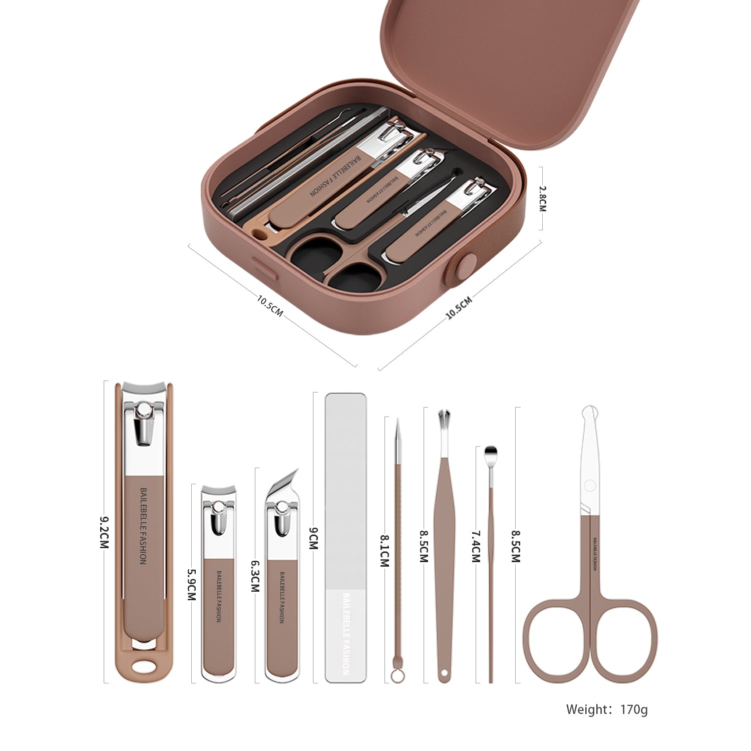 Bailebelle Fashion Nail Clippers and Beauty Tool Portable Set | Stainless Steel Manicure Set 8 in 1 | Nail Cutter Set | Brown Nail Clippers