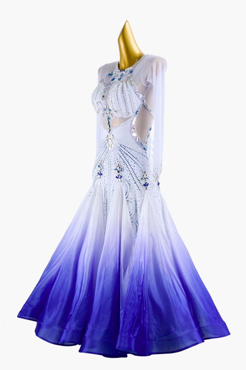 White mesh Standard dress with shaded blue pearl chiffon underskirt image 3