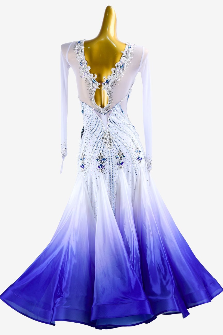 White mesh Standard dress with shaded blue pearl chiffon underskirt image 1
