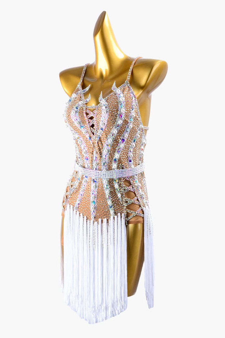 Skin yellow Latin dress with fringe,beaded fringe and crystal AB image 2