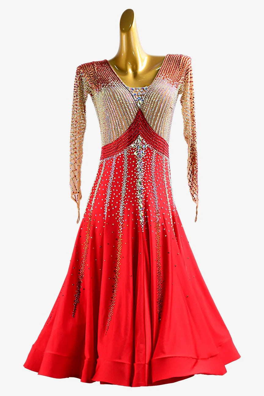 Vermilion & fleshtone Standard dress with stretch satin underskirts, crystal AB and sew-on stones image 0
