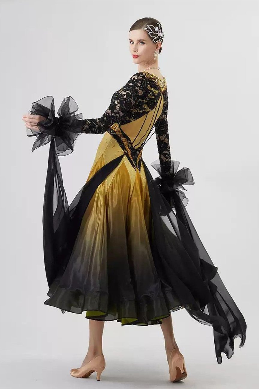 Bailebelle Fashion new national standard modern dance performance competition uniforms personalized design big swing dance skirt  Black, Gold image 1