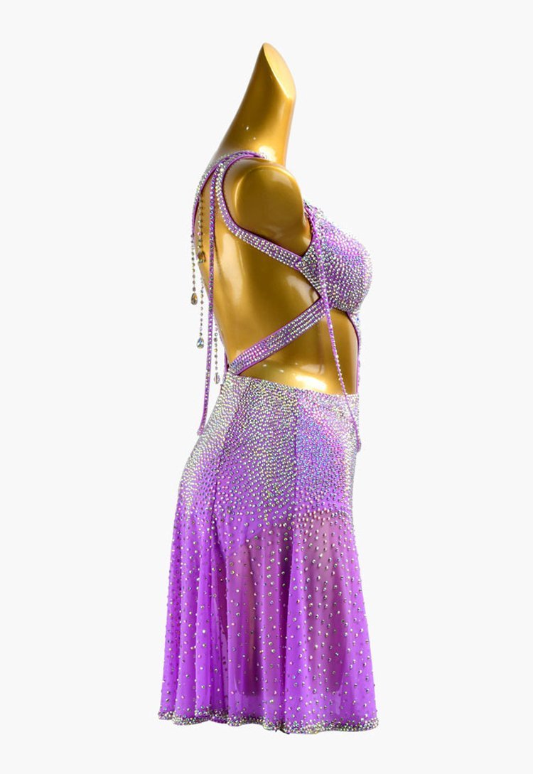 Purple stretch mesh Latin Dress with crystal AB full & sew-on stones image 2
