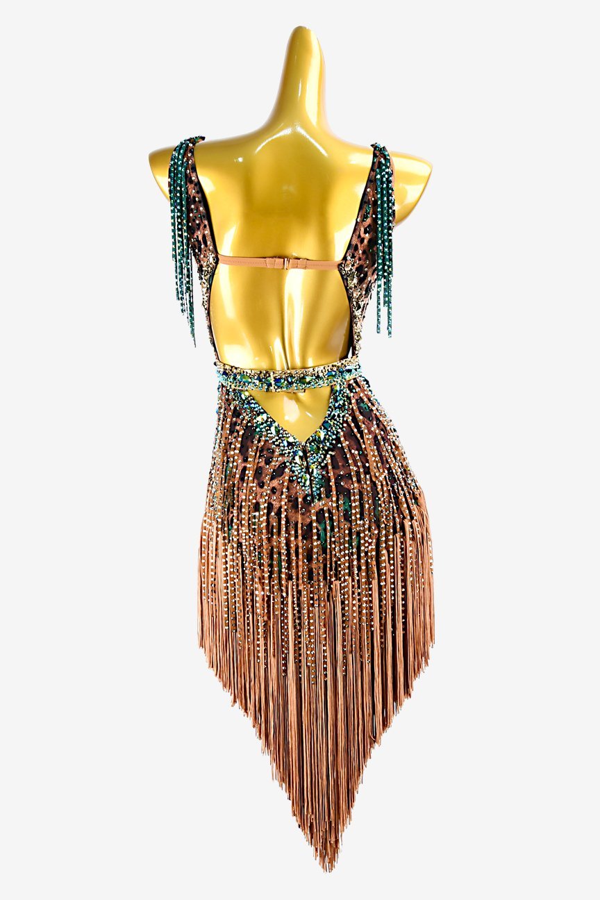 Sienna Leopard Print Backless Latin Dress with Sea Green Stone Fringes, Fringes, and Rhinestones image 1