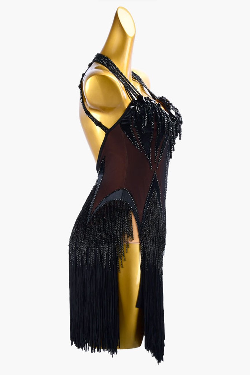 Black mesh Latin dress with stone fringes, beadings, fringes, rhinestones & sew-on stones image 0