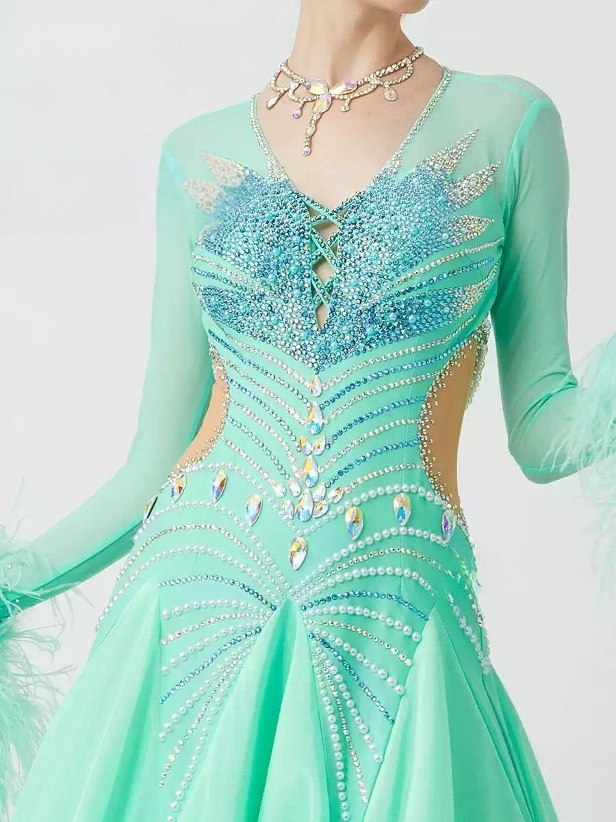 Bailebelle Fashion new ostrich feather floating pearl silk international standard dance modern dance performance uniform Light Green image 4
