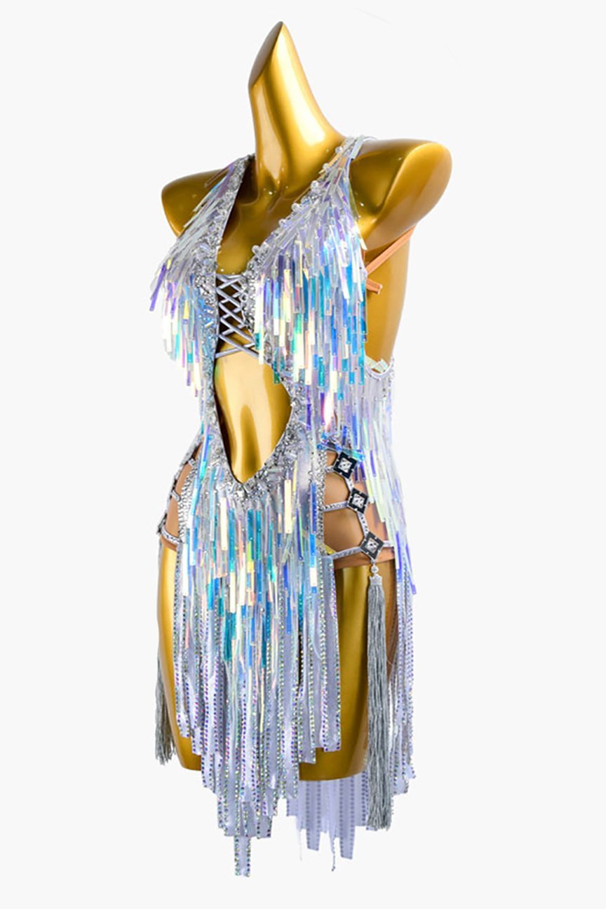Silver metallic lycra Latin Dress with sequins, tassels, crystals & sew-on stones image 3