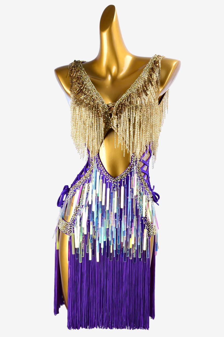 Violet Latin dress with gold dress top with beaded fringes, rhinestones, fringes & sequins image 0