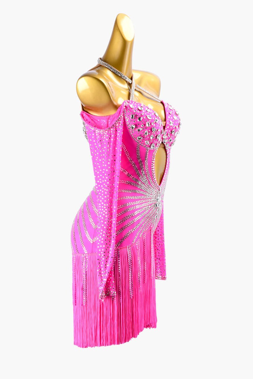 Light pink lycra Latin dress with stone fringes, fringes, silver crystals & sew-on stones image 1
