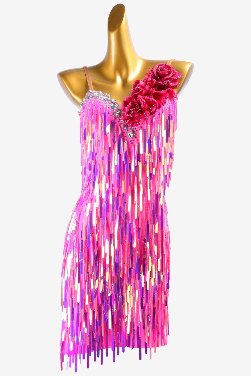 Magenta fully sequins Latin dress with crystals, sew-on stones & flower appliques image 0