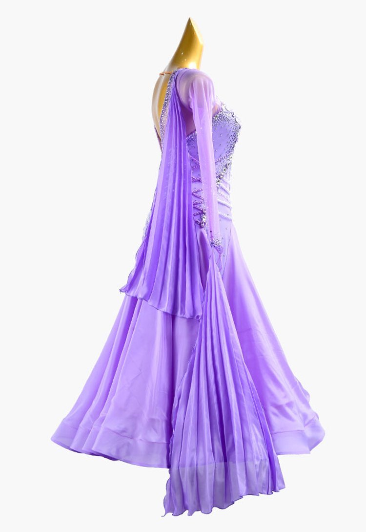 Lilac Standard dress with mesh sleeves, pearl chiffon underskirts, pleated float, white crystals and beadings image 3