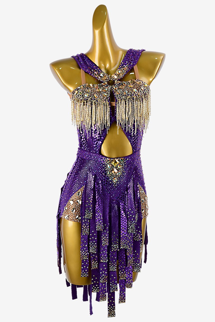Purple python foil on lycra Latin dress with gold beaded fringes & rhinestones image 0