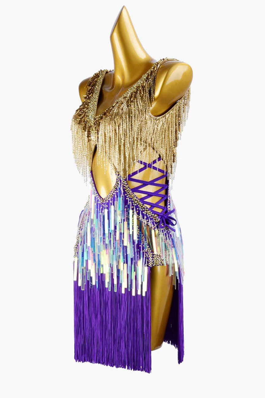 Violet Latin dress with gold dress top with beaded fringes, rhinestones, fringes & sequins image 2