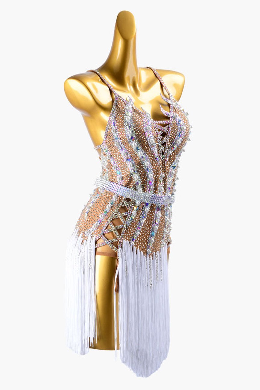 Skin yellow Latin dress with fringe,beaded fringe and crystal AB image 1