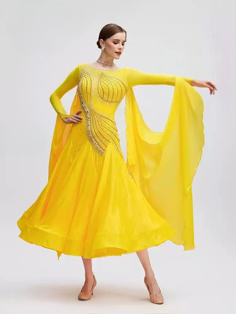 Bailebelle Fashion Professional custom national standard modern dance performance dress ballroom dance waltz dress Yellow image 1