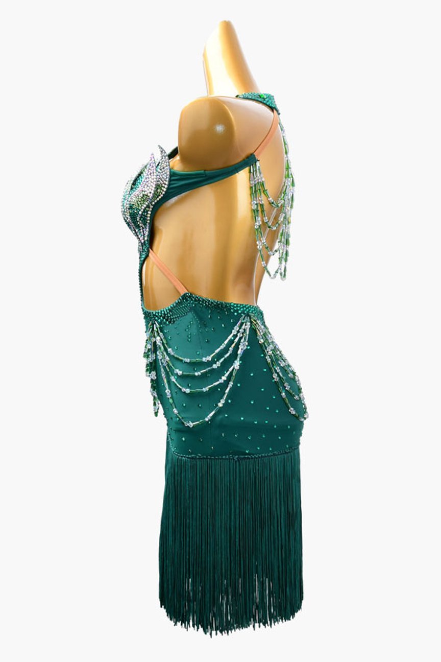 Sea green lycra rhythm dress with rhinestone applique, beadings,crystal AB & fringes image 2