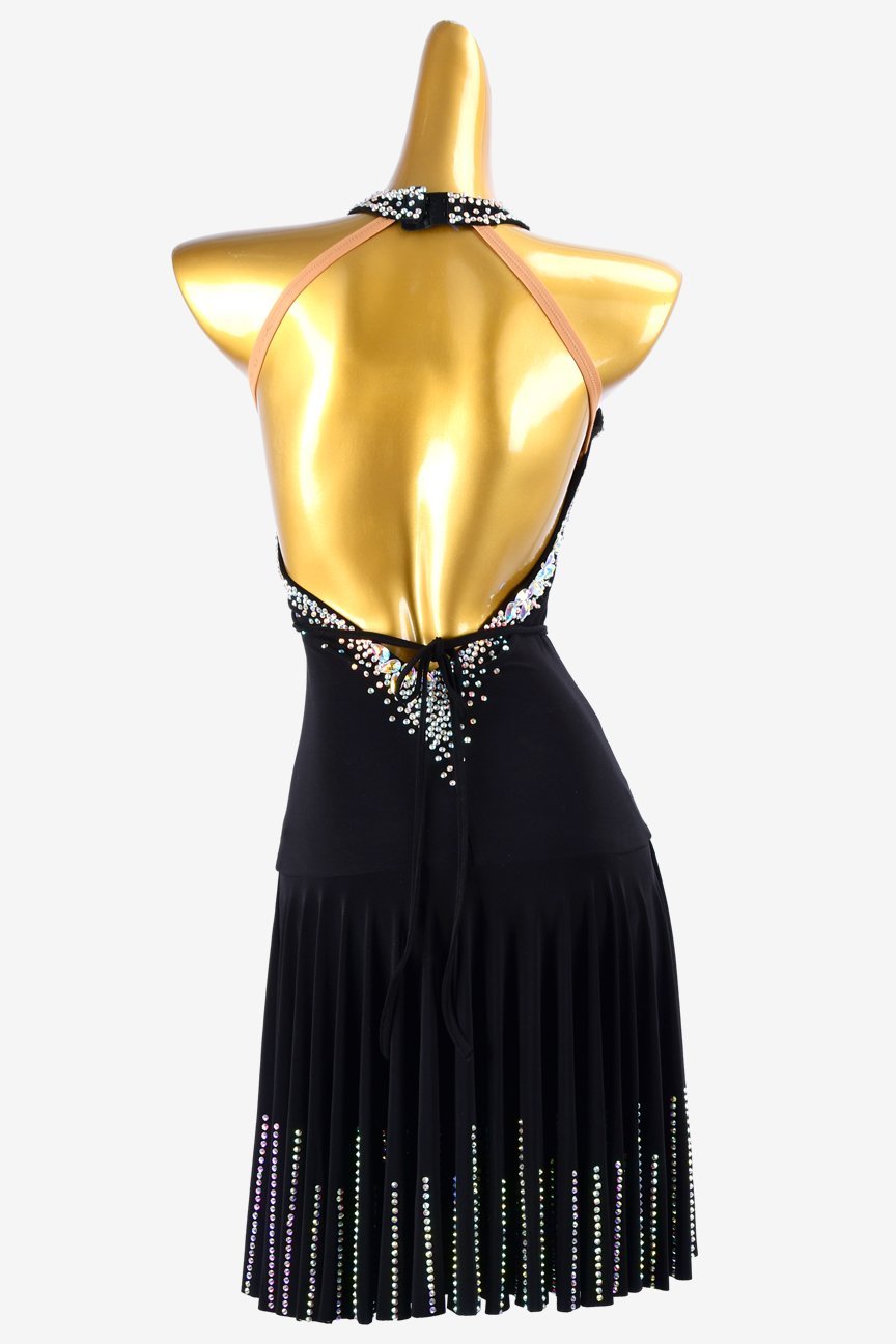 Black stretch crepe draping & ruching Latin dress with AB crystals & sew-on stones image 3