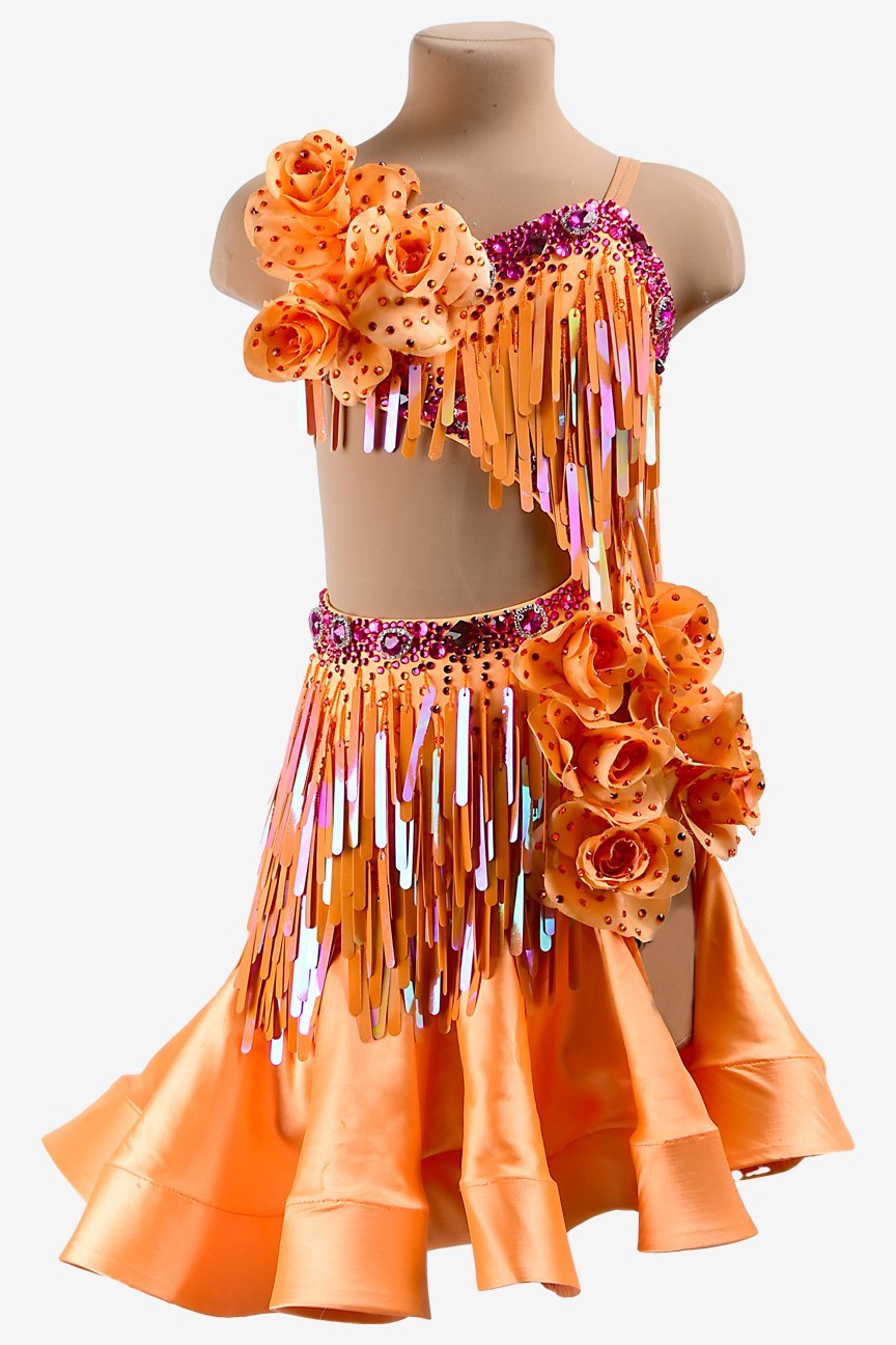 Bailebelle Fashion Custom Light orange Latin dress with ruffle fishbone underskirt, sequins, flower appliques & crystals image 0