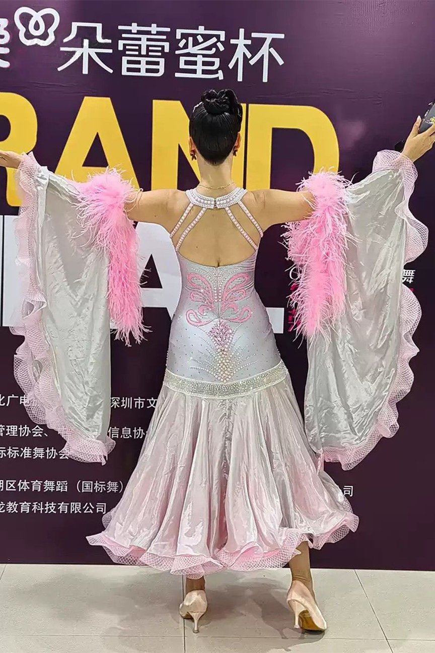 Bailebelle Fashion Yunwu tailor-made new national standard modern dance performance competition costumes British imported fabric flower dress dance skirt Pink, Silver image 1