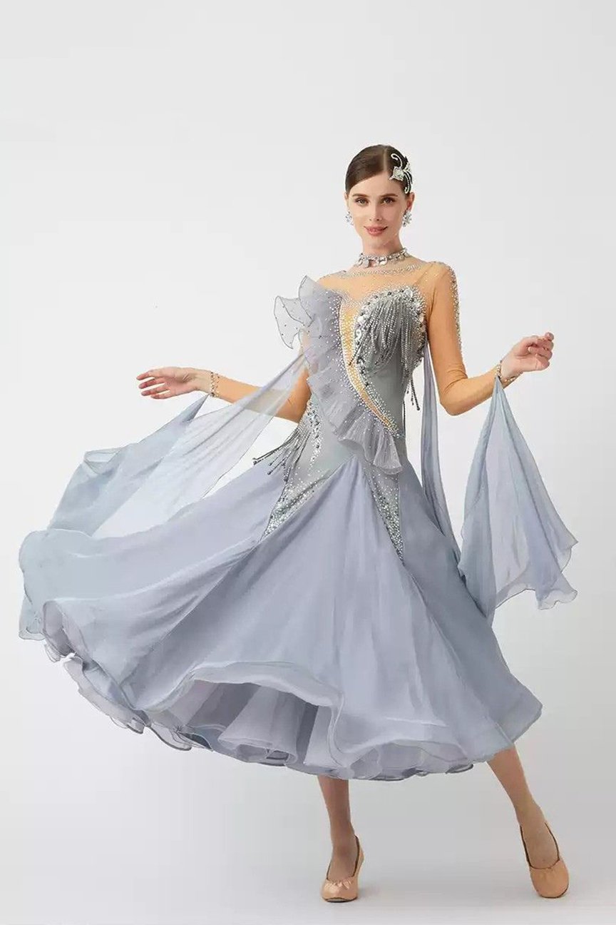 Bailebelle Fashion new national standard modern dance performance costumes high-end ballroom dance waltz skirt Silver image 5