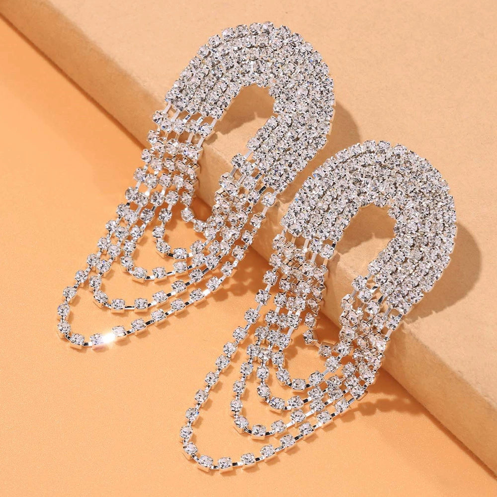 Fashion popular cross border all match multi layer full diamond earrings with diamond tassel long earrings for women