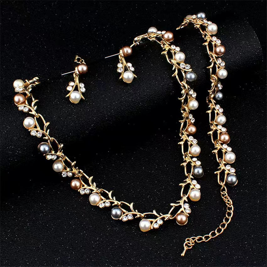 Pearl Jewelry Set – Diamond Necklace, Earrings & Bracelet Bridal 3 Piece