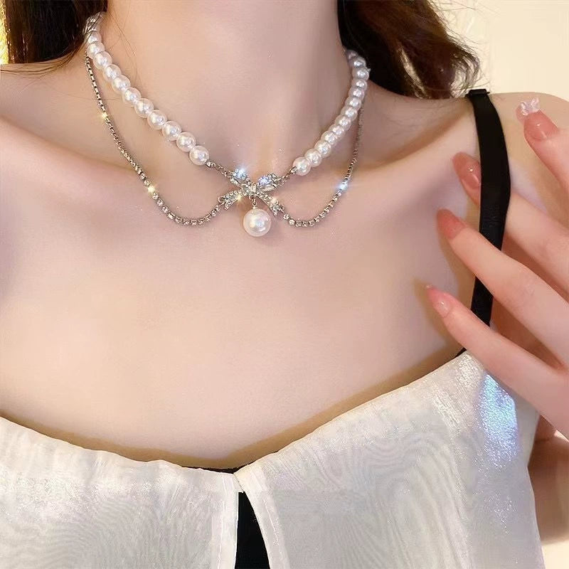 Bow Pearl Necklace – Luxury Collarbone Chain for Women