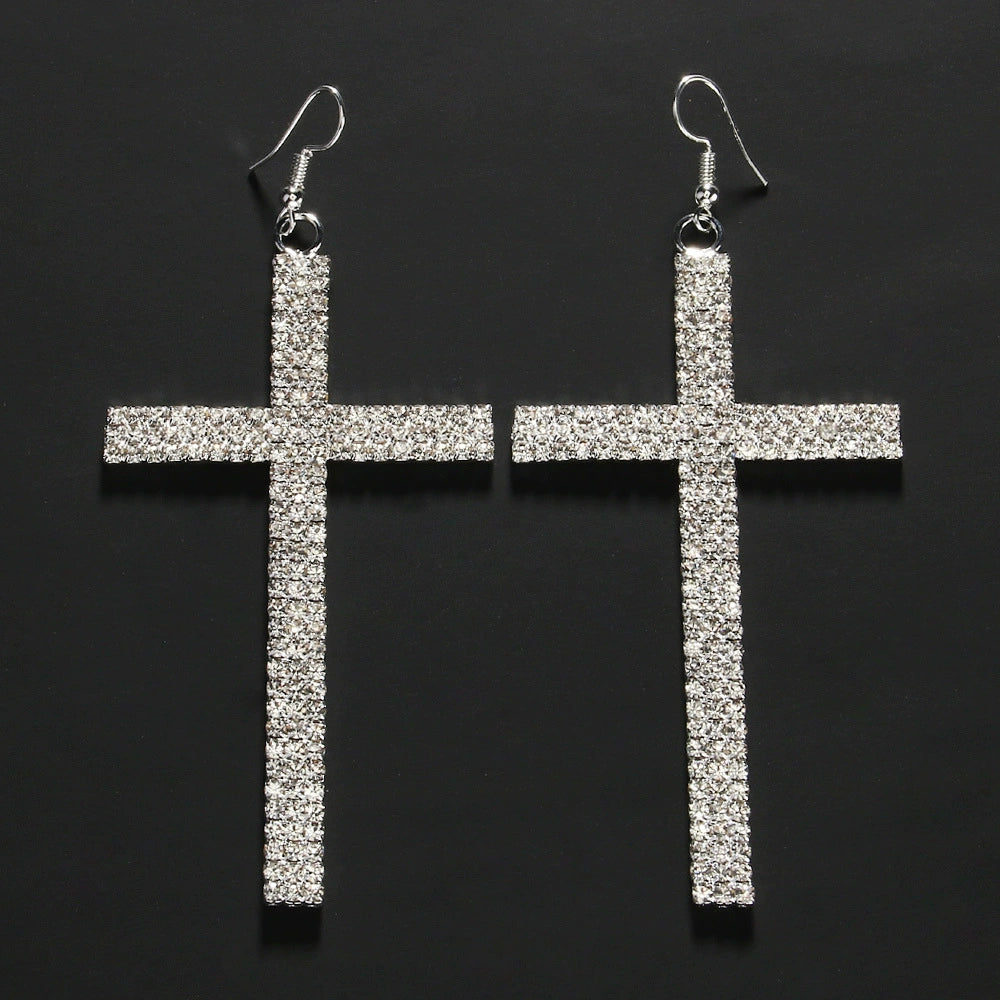 Cross earrings personality fashion rhinestone tassel earrings exaggerated versatile accessories earrings