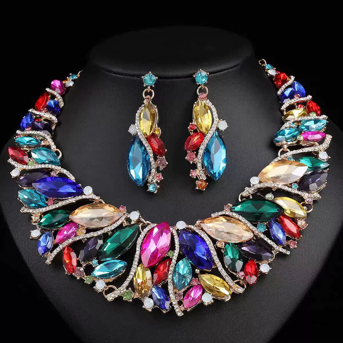 Crystal Necklace & Earring Set – Exaggerated Bridal Banquet Jewelry