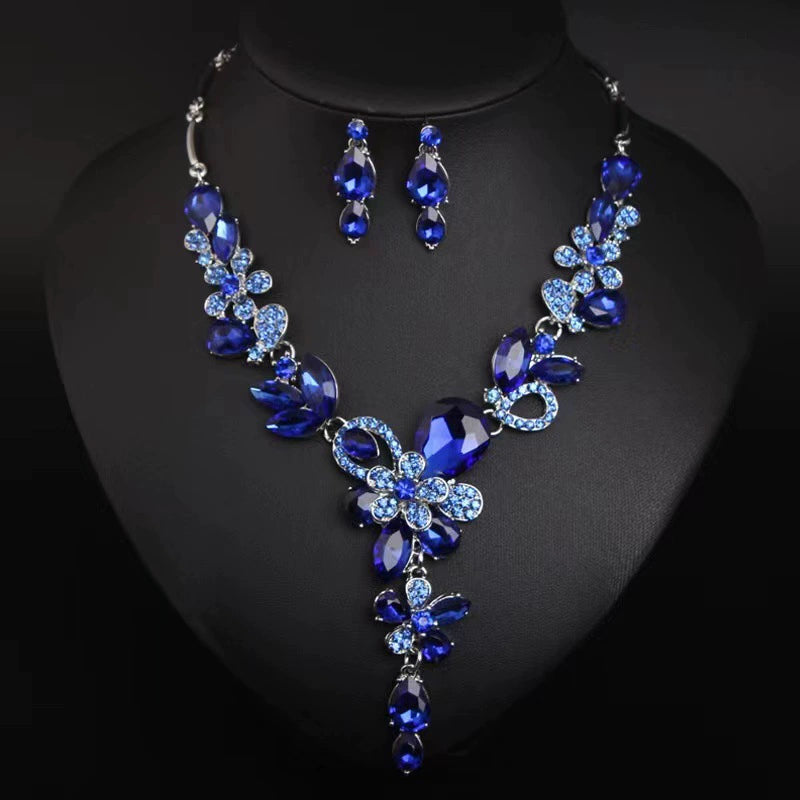 Crystal Gemstone Necklace & Earring Set – Exaggerated Bridal Banquet Jewelry
